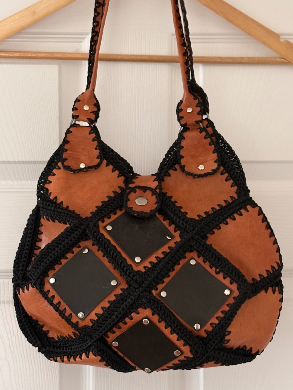 Vintage 70’s Boho Patchwork Leather Crochet Shoulder Bag Studded Diamond Purse